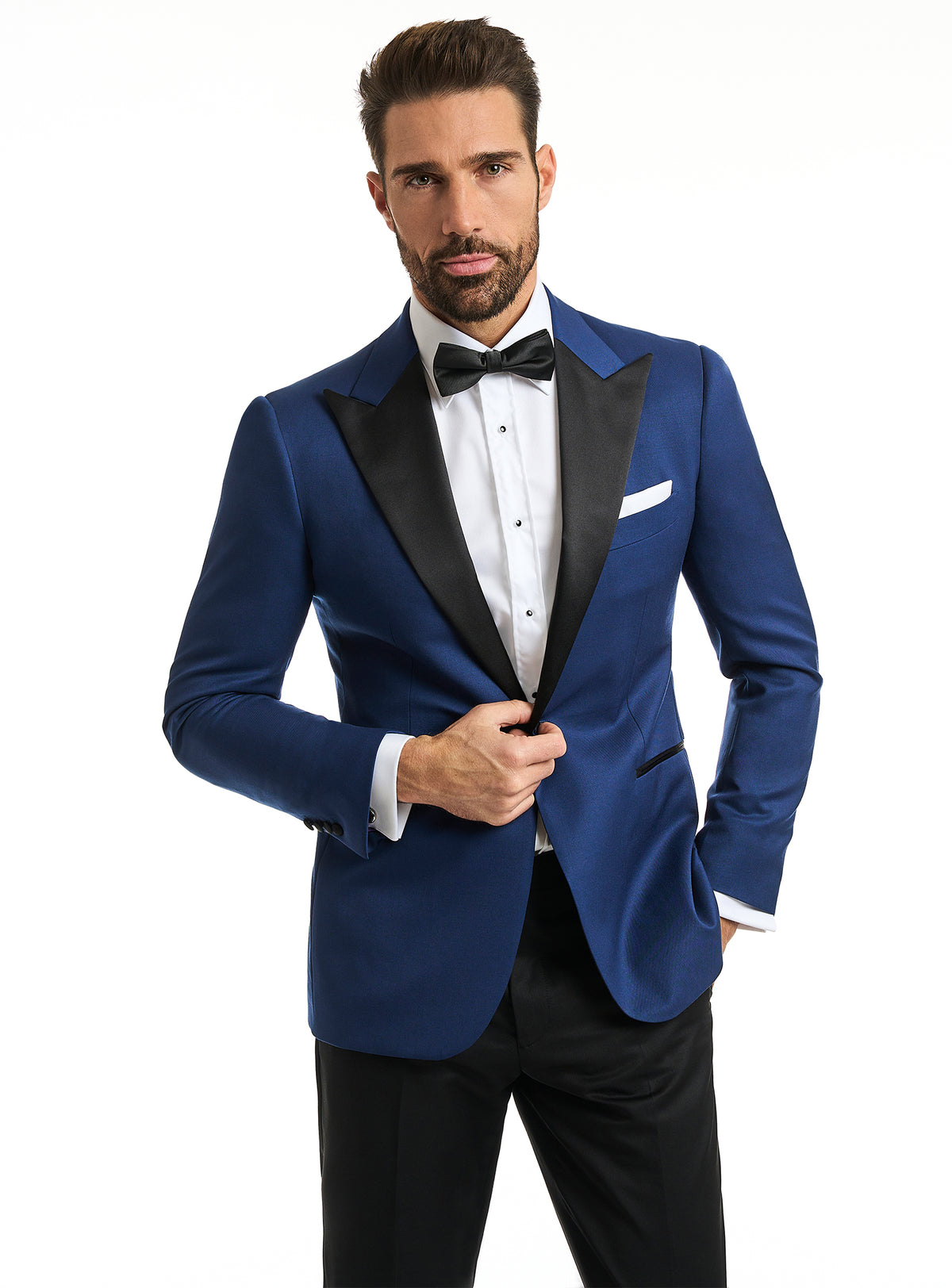 Consiglieri: rich blue tuxedo jacket with black lapels and black trousers