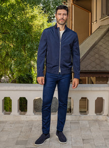 Consiglieri: navy zip-front jacket with blue trousers