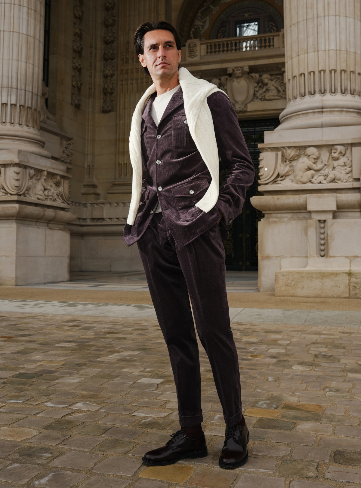 Plum-toned Consiglieri safari jacket with a contrasting light collar