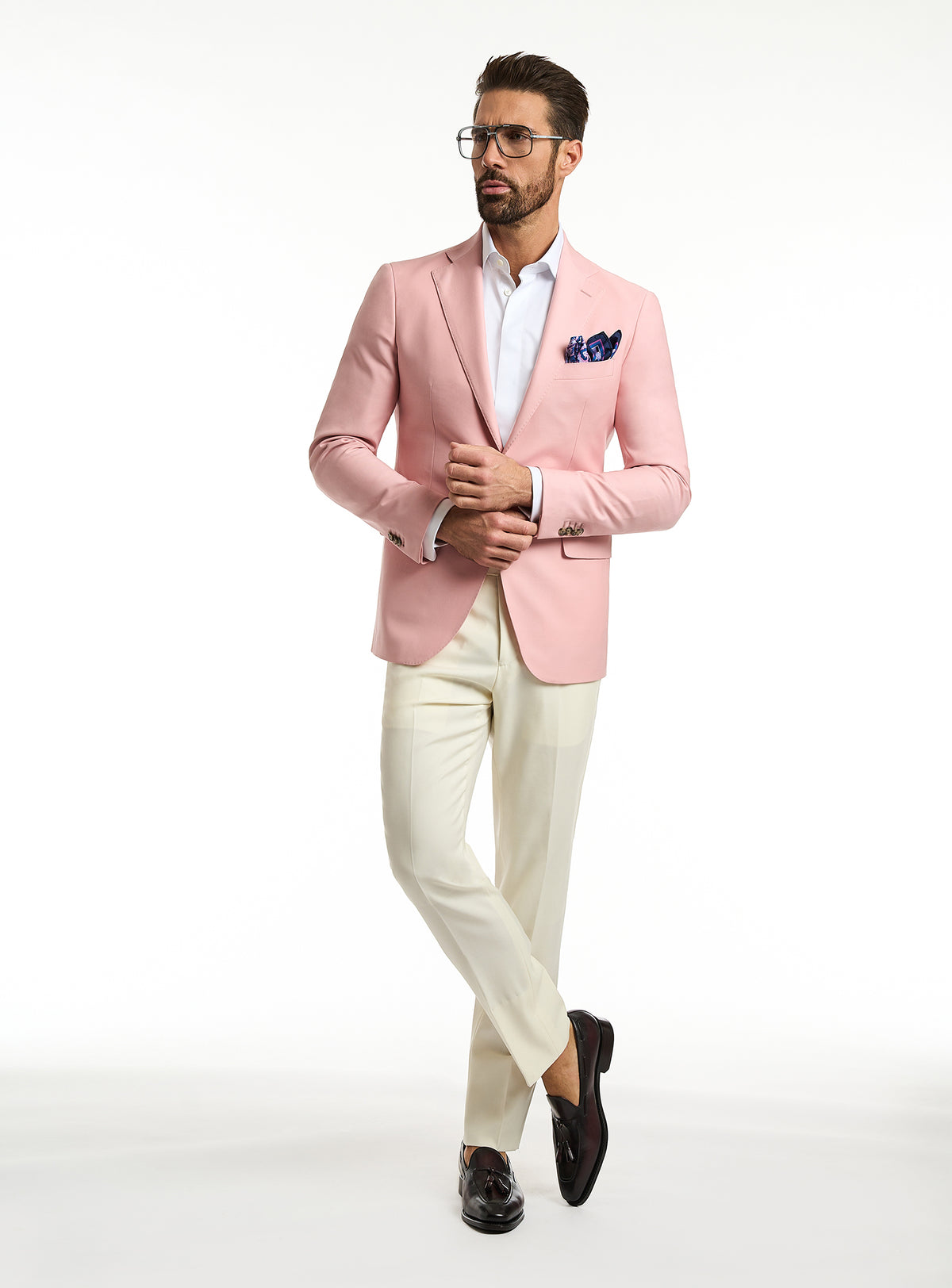 Consiglieri Florence Sartoriale: pink jacket with a navy pocket square and cream trousers