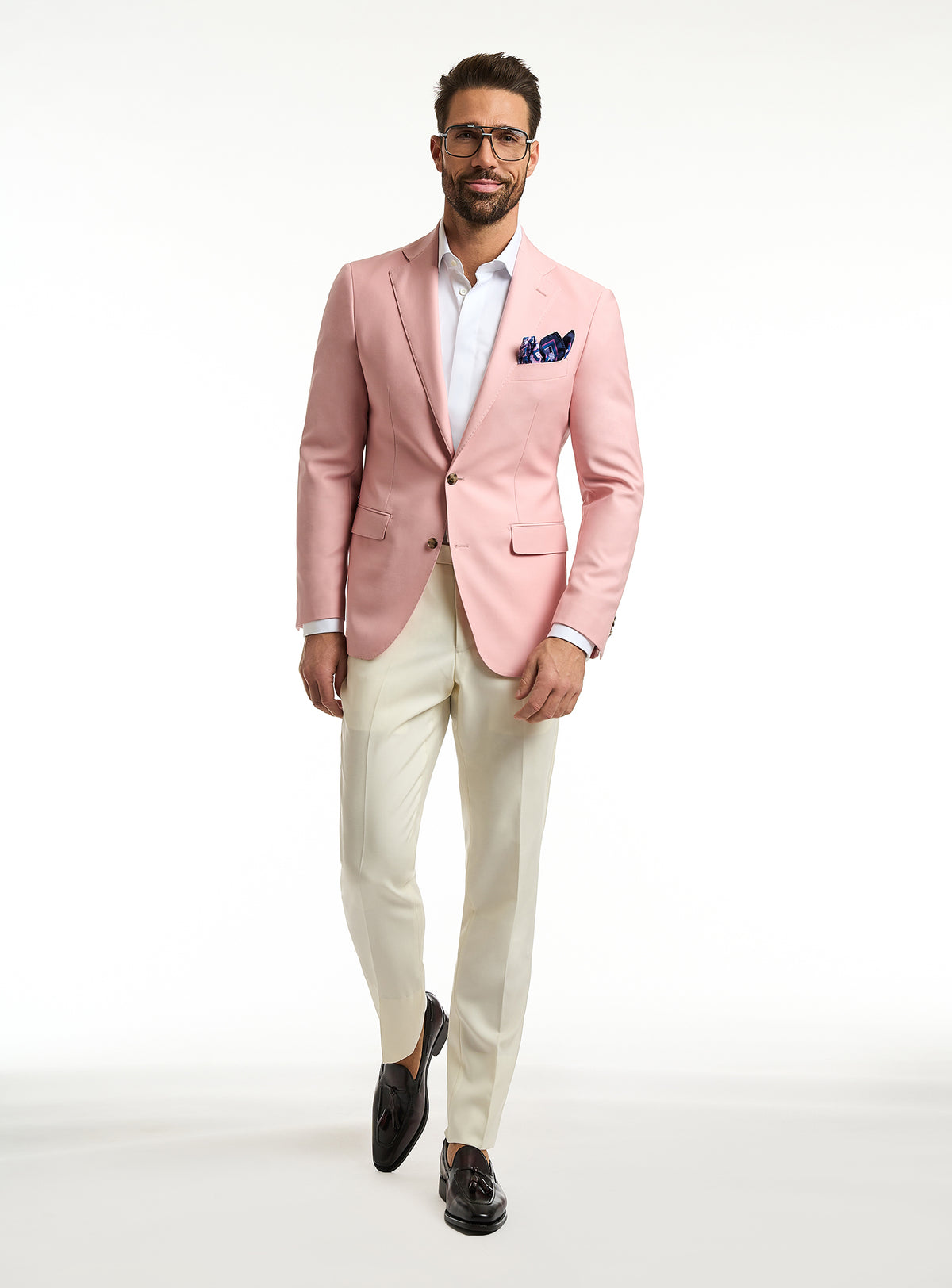 Consiglieri Florence Sartoriale: pink jacket with a navy pocket square and cream trousers
