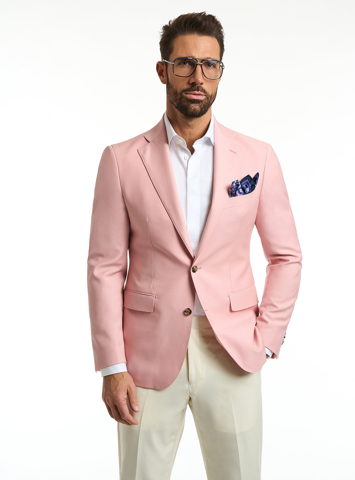 Consiglieri Florence Sartoriale: pink jacket with a navy pocket square and cream trousers