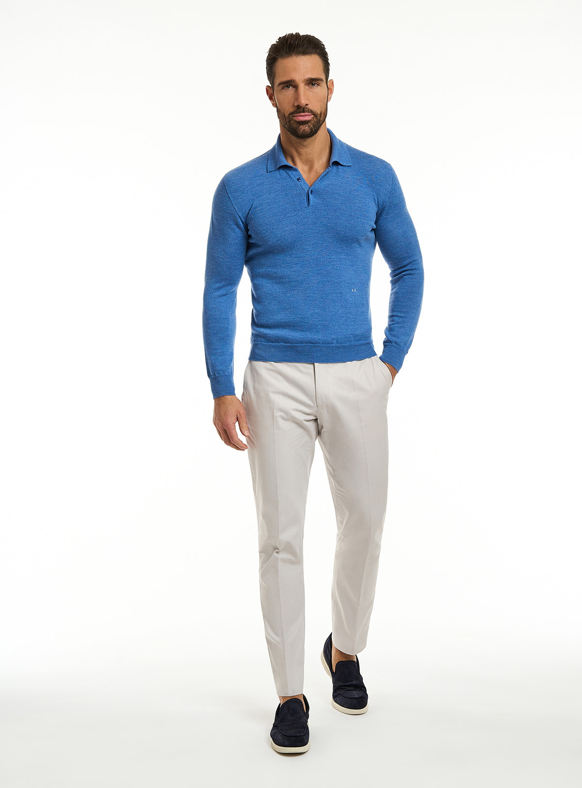 Consiglieri: blue polo-collar sweater with light grey trousers