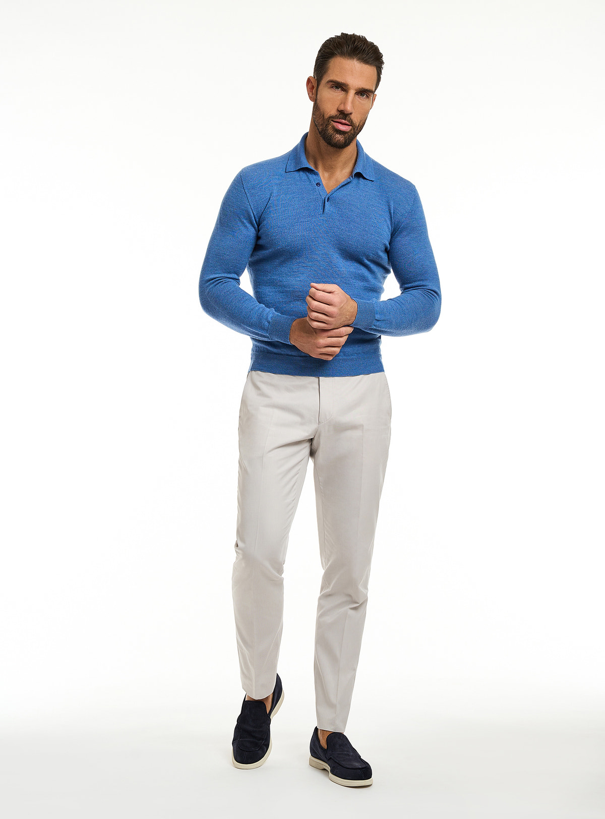 Consiglieri: blue polo-collar sweater with light grey trousers