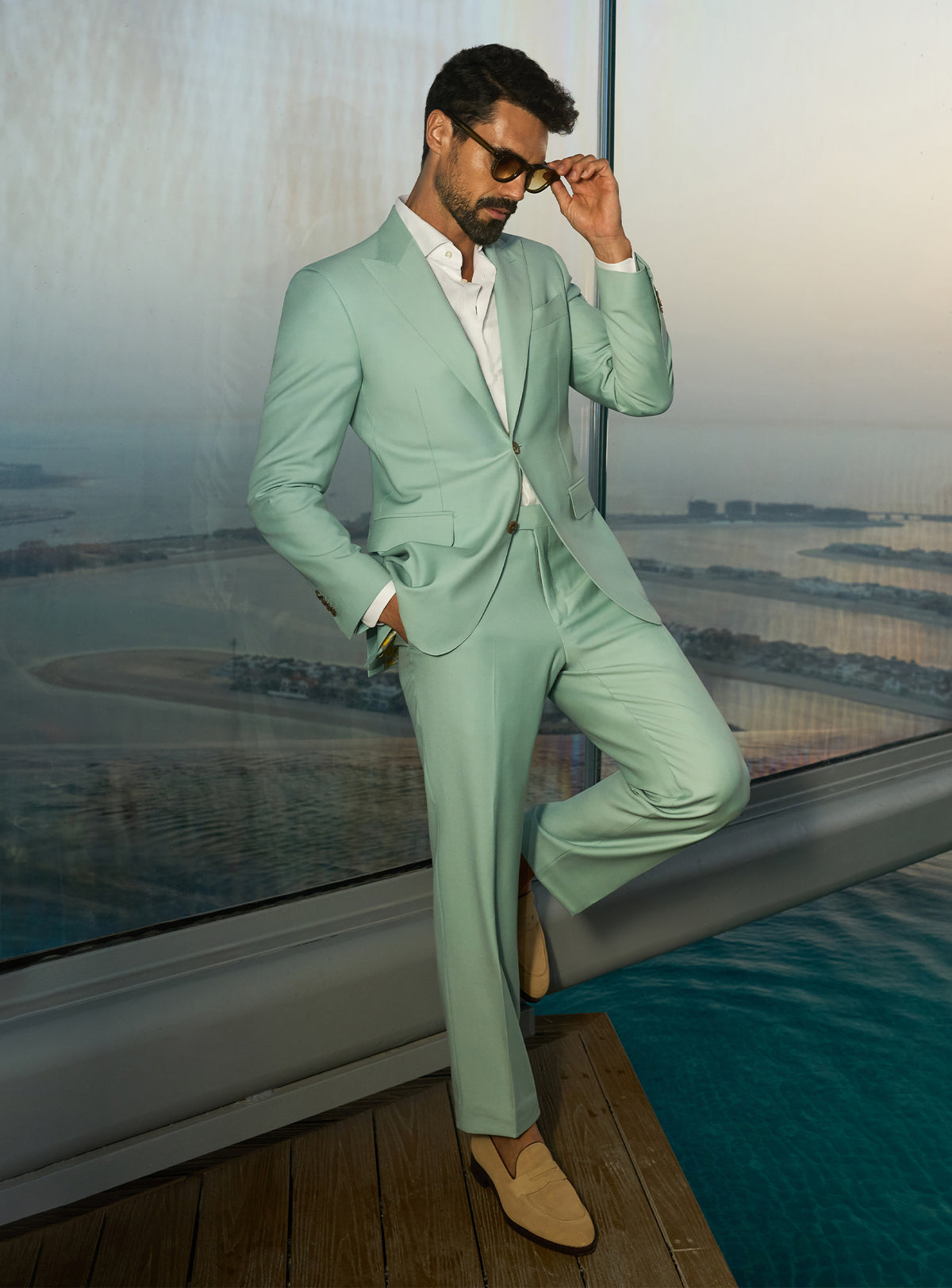 Consiglieri Sapphire Sophistication: mint green suit with a white shirt and beige loafers