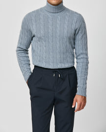 Pale blue cable-knit Consiglieri turtleneck sweater