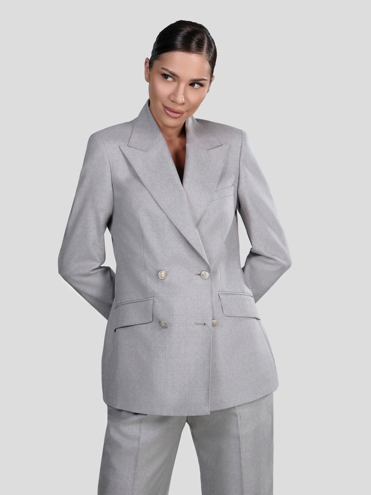 Light grey Consiglieri DONNA women's suit with a double-breasted blazer and wide-leg trousers