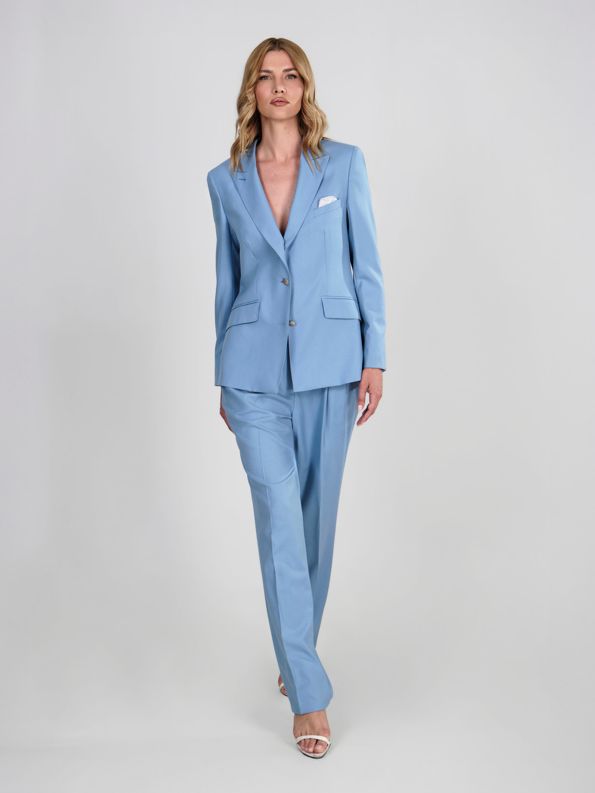 Pale blue Consiglieri DONNA women's suit with a fitted blazer and straight-leg trousers