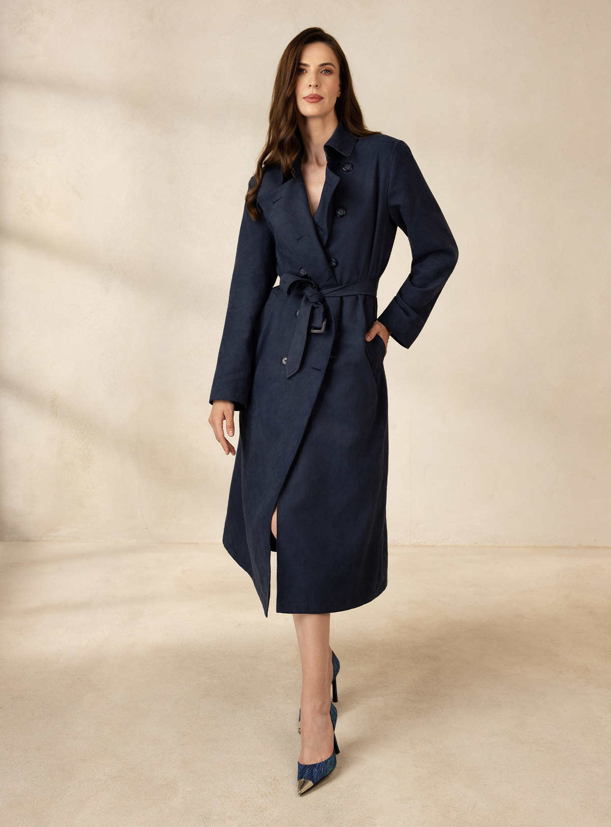 Navy Consiglieri DONNA trench coat with a waist belt and below-knee length
