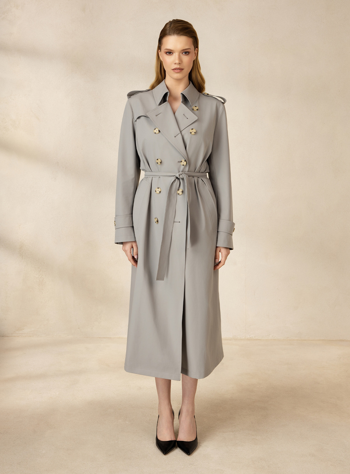 Grey Consiglieri DONNA double-breasted trench coat with epaulettes and a waist belt