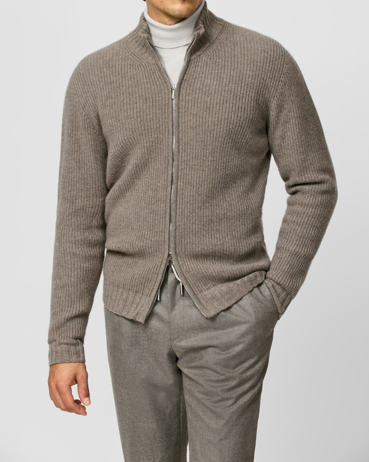 Taupe Consiglieri zip cardigan with a ribbed texture