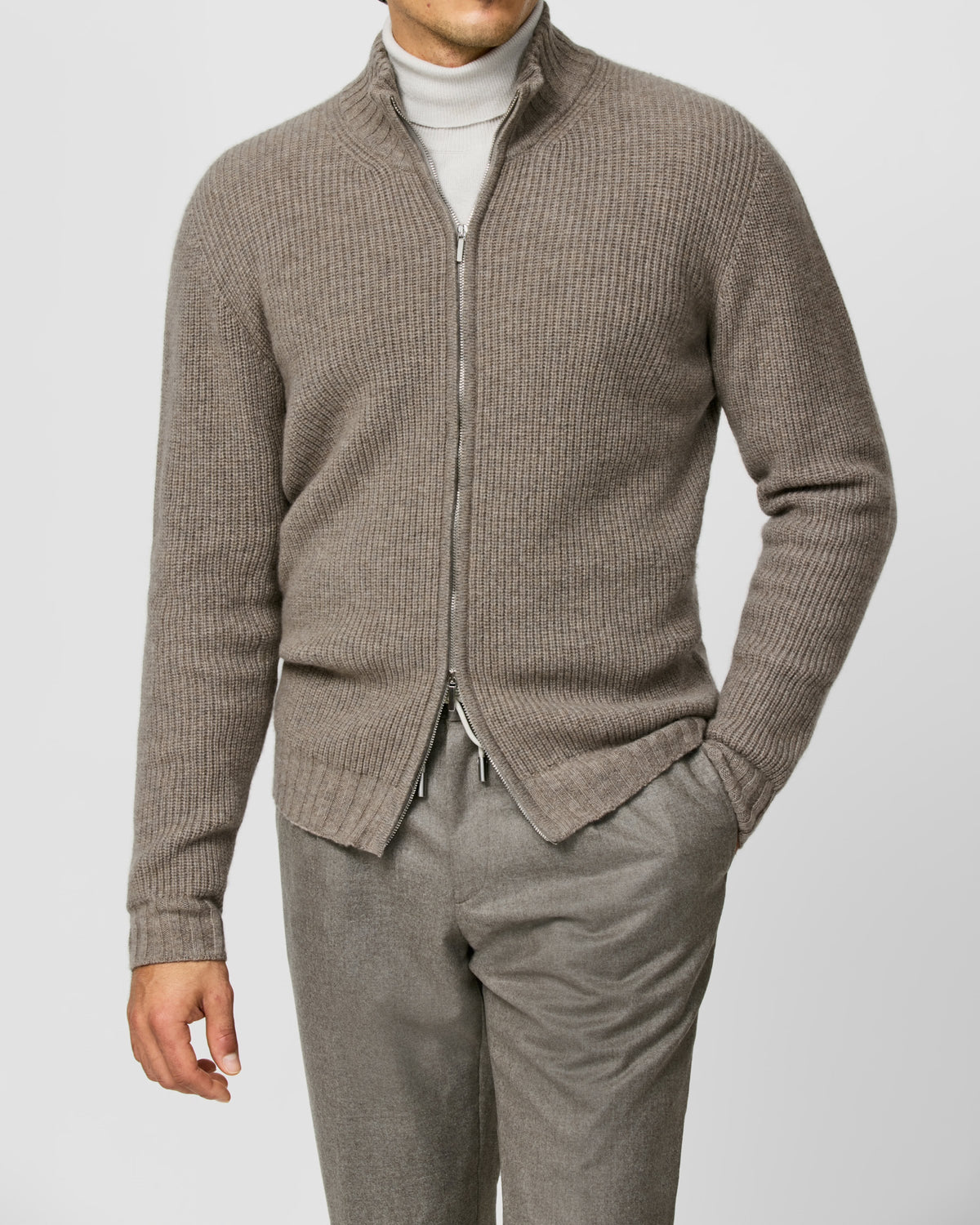 Taupe Consiglieri zip cardigan with a ribbed texture