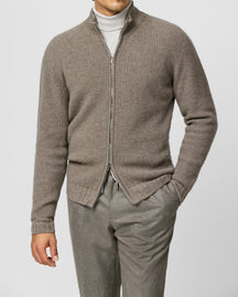 Taupe Consiglieri zip cardigan with a ribbed texture