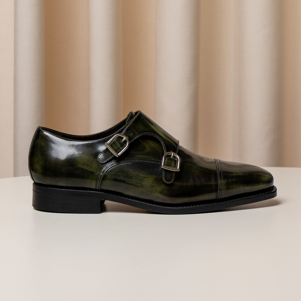Consiglieri: dark green double-monk shoes with a contrasting patina