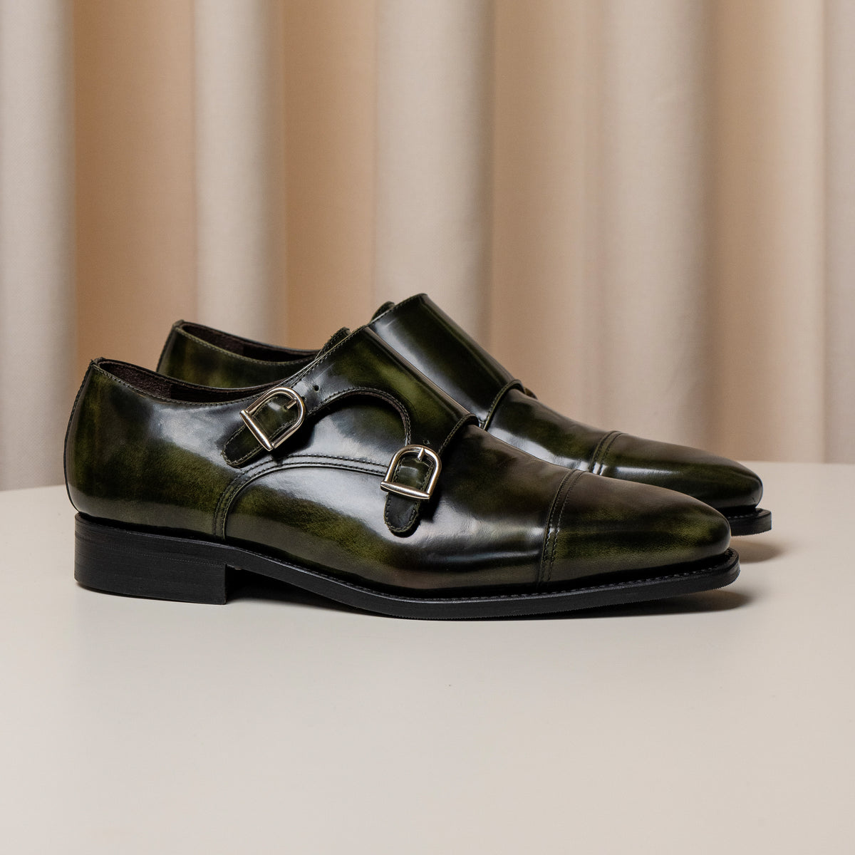 Consiglieri: dark green double-monk shoes with a contrasting patina