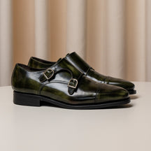 Consiglieri: dark green double-monk shoes with a contrasting patina