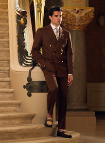 Dark brown double-breasted Consiglieri suit with a patterned tie