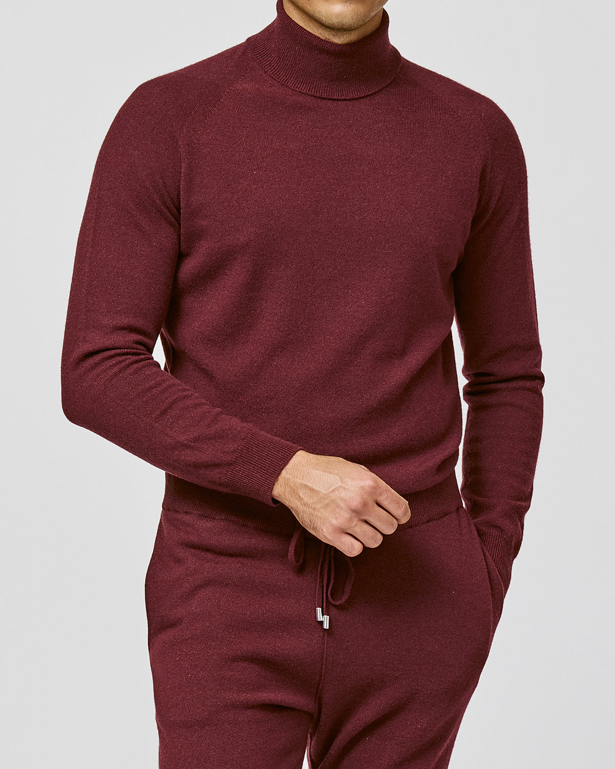 Burgundy Consiglieri turtleneck styled with matching trousers