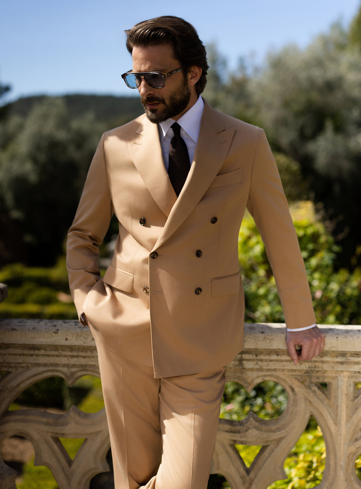 Camel double-breasted Consiglieri suit with a white shirt and dark tie