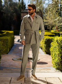Light olive green Consiglieri ensemble with a belted jacket and matching trousers