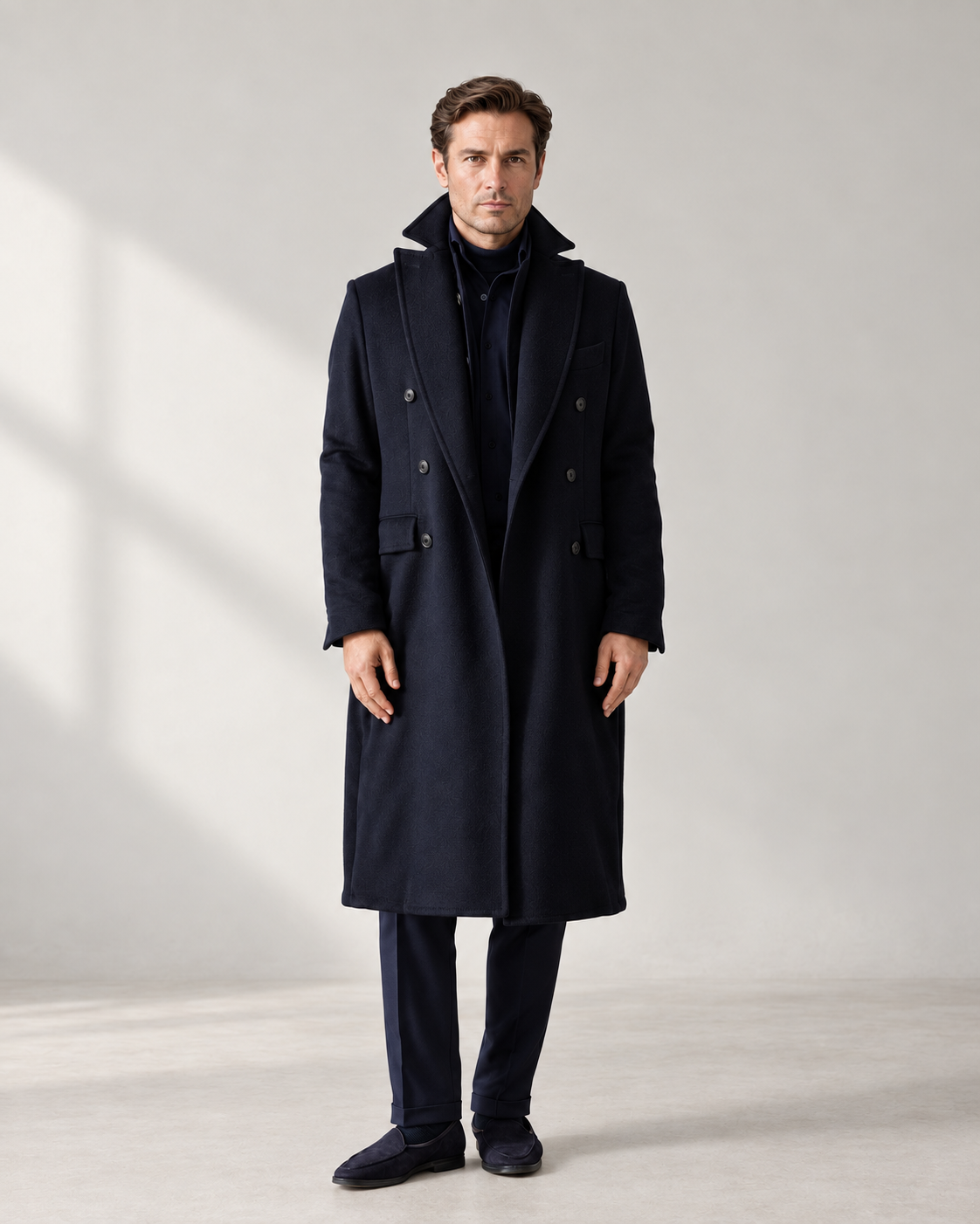 Deep navy coat over a black ensemble