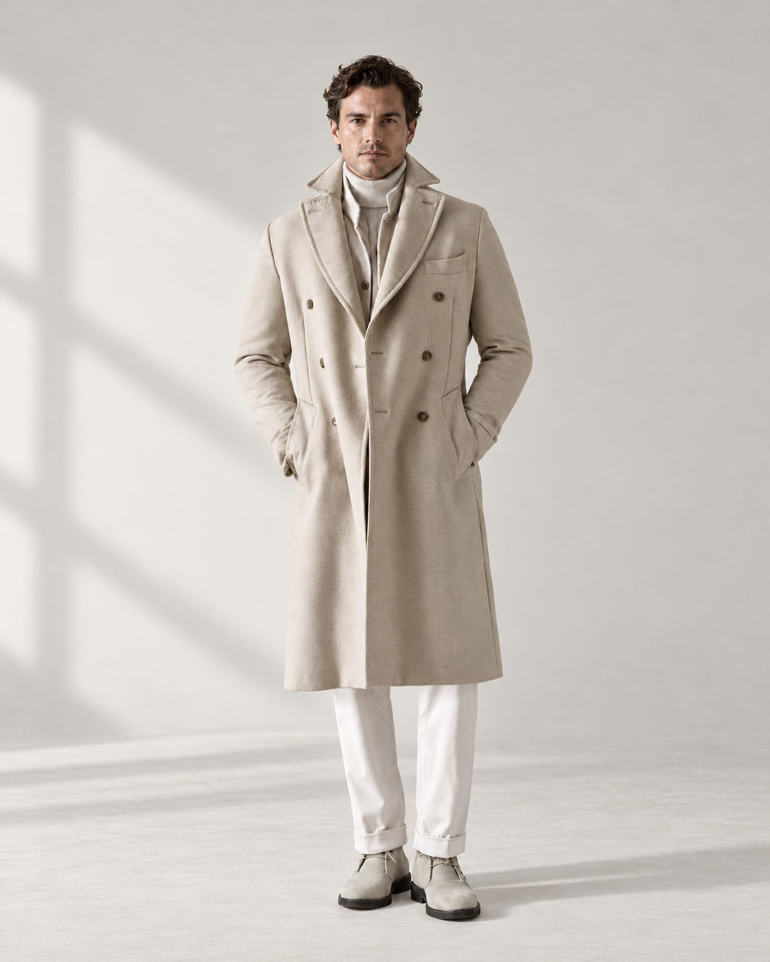 Ivory double-breasted coat with a scarf and light trousers