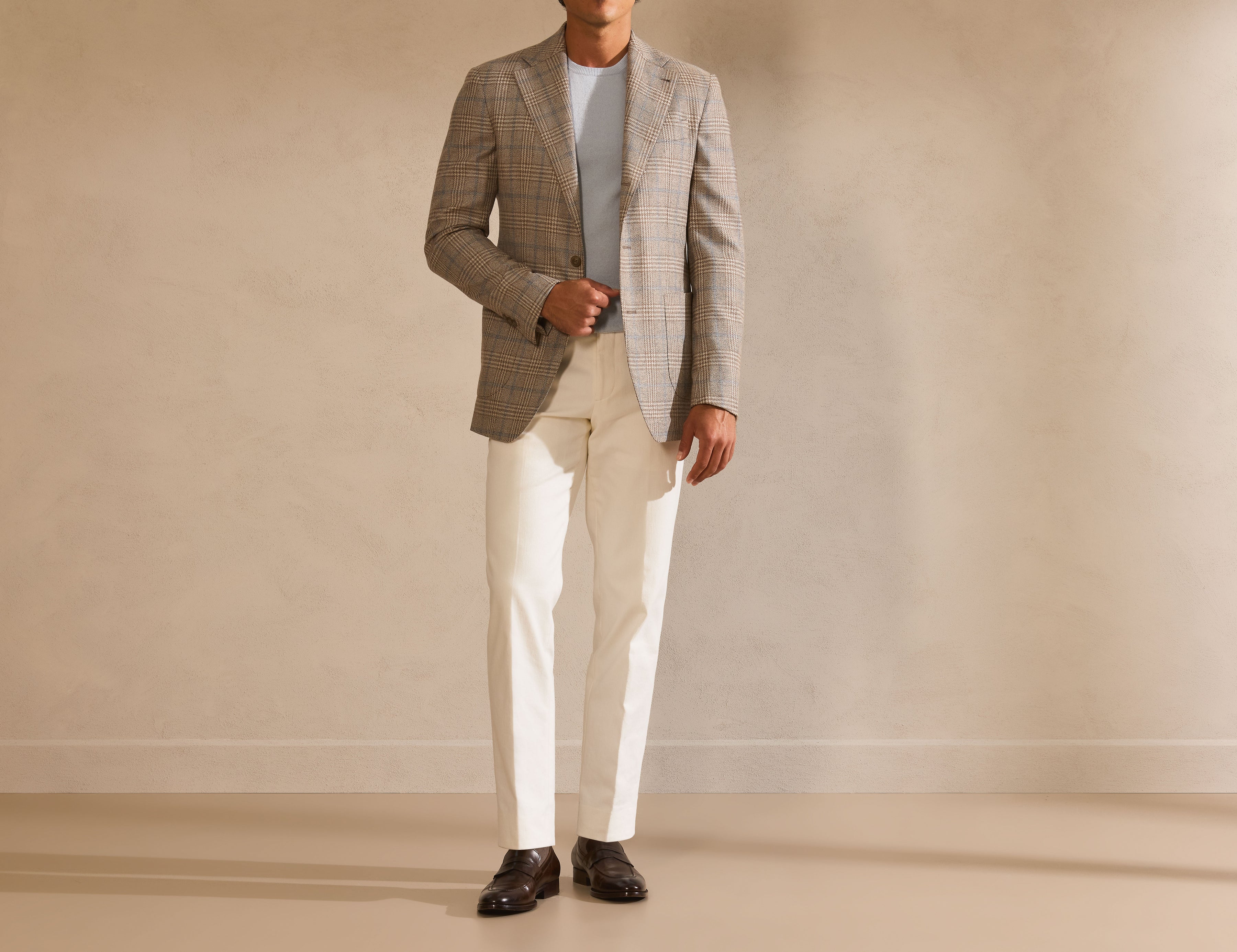 Sacou casual în carouri fine, cu tricotaj deschis și pantaloni Ivory