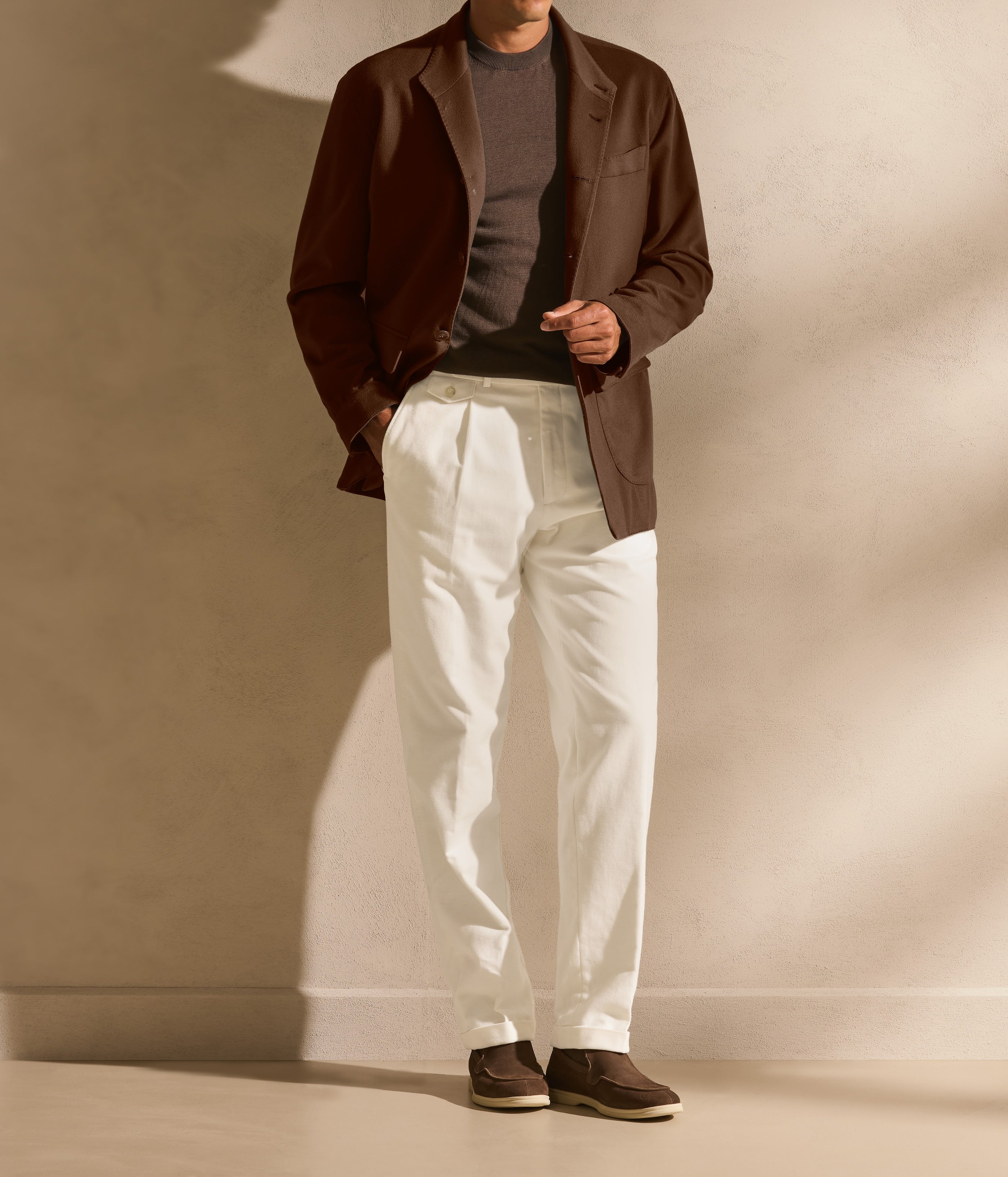 Chocolate brown meets ivory, finished with Mid-Top Loafers — a warm Pre-Fall pairing.