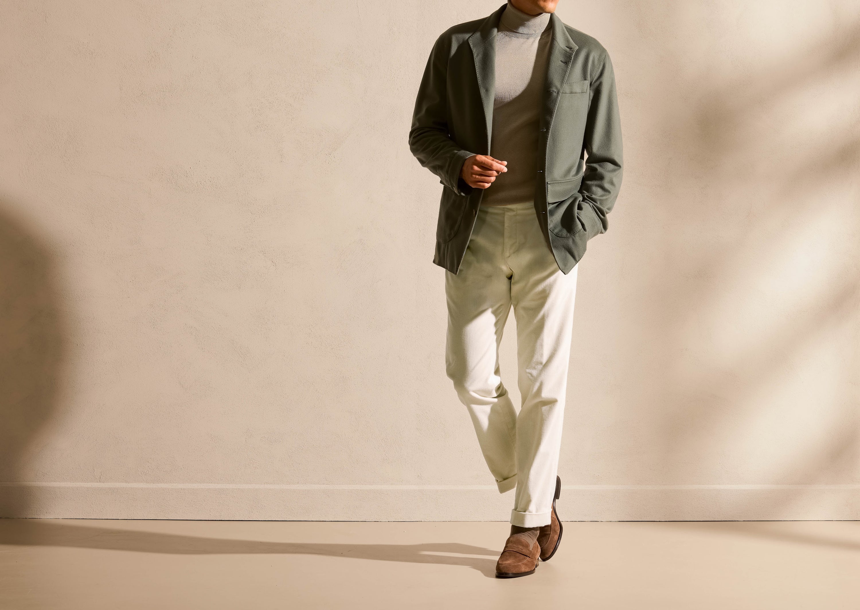 Olive with neutrals — a seasonal pairing with natural accents.