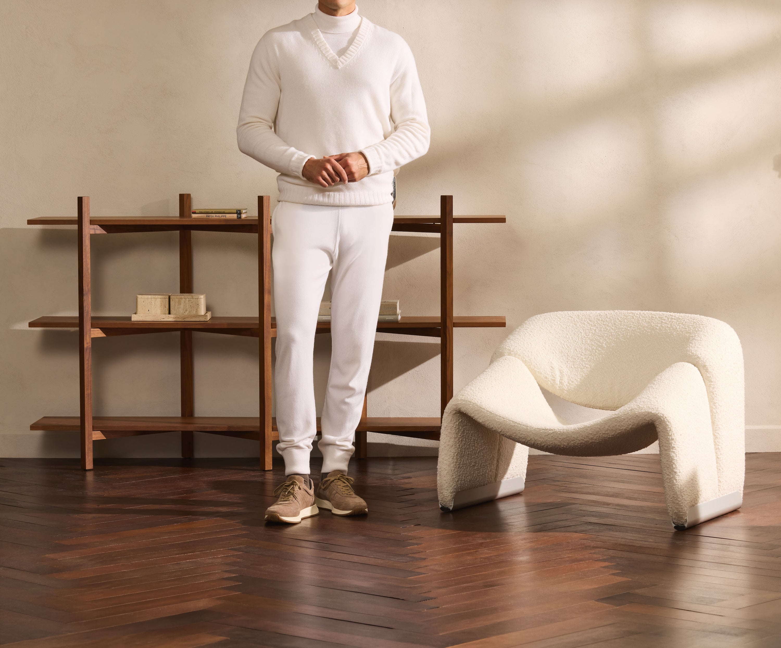 Monochrome Luxury Leisurewear — one tone, several textures.