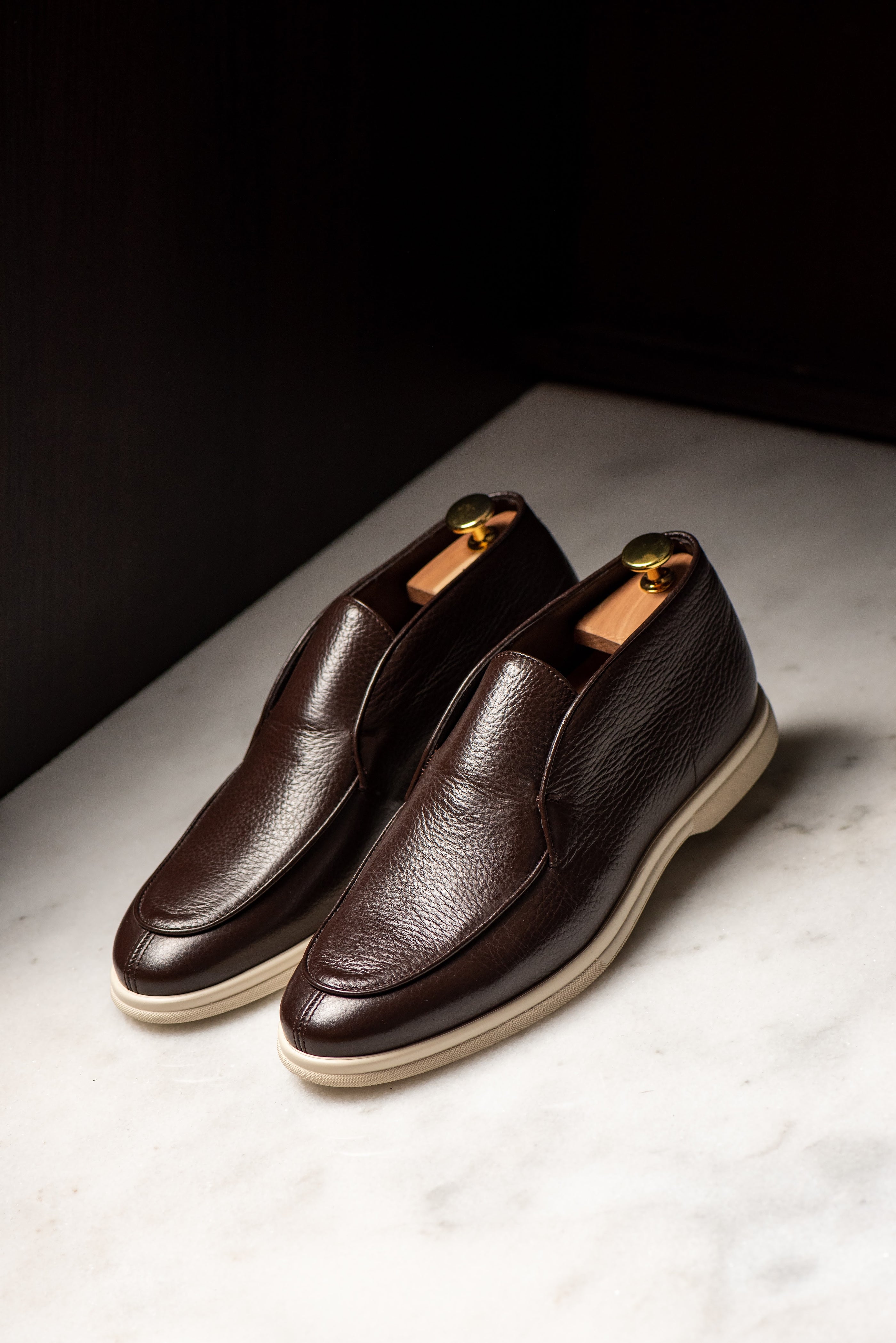 Consiglieri Mid-Top Loafers in chocolate-brown grain leather, made to order.