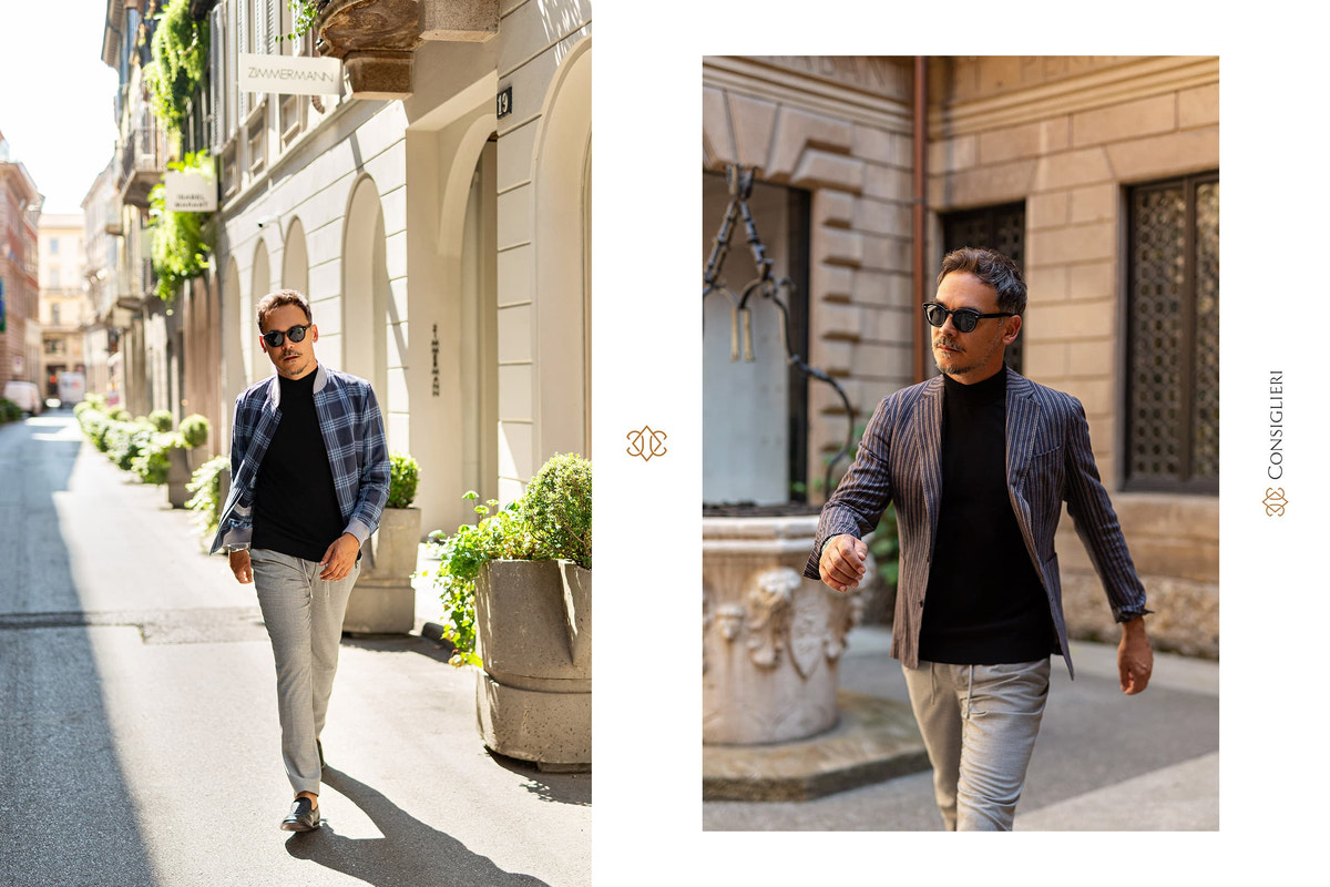 Consiglieri looks with checked blazers and cream trousers
