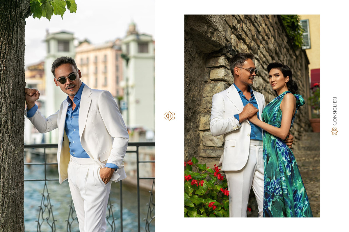 White Consiglieri menswear look alongside a dress with a green and blue print