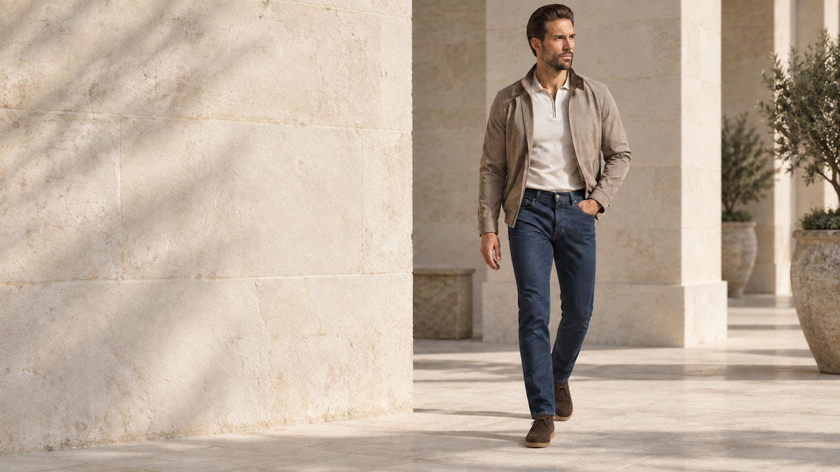 Editorial look with indigo denim and a taupe jacket, walking.