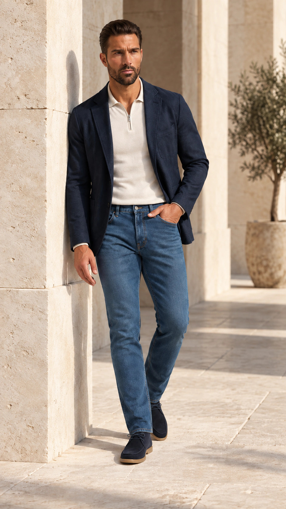 Full look with mid-blue denim and a navy blazer and City Loafer.