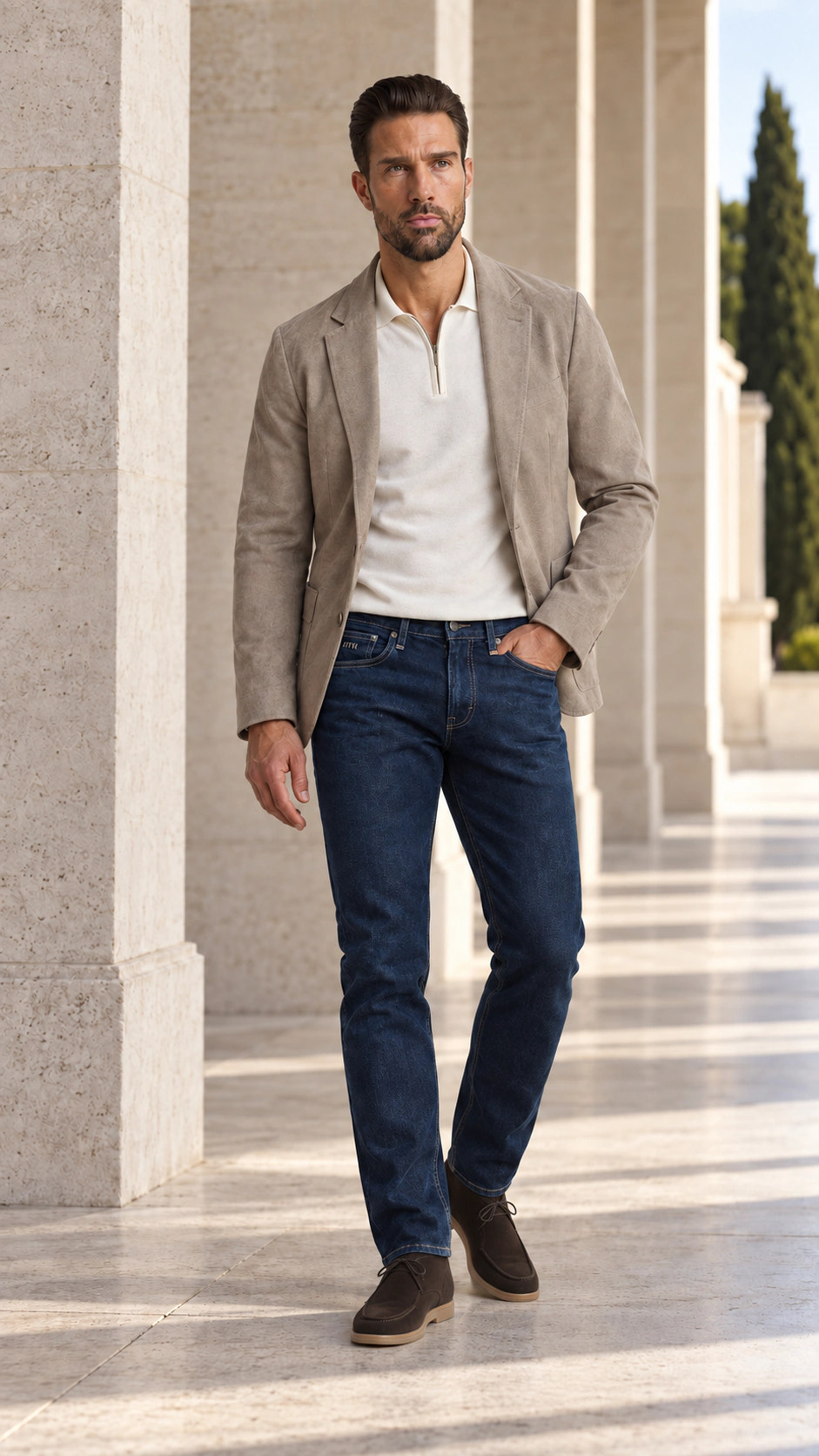 Full look with indigo denim and a greige blazer and City Loafer.