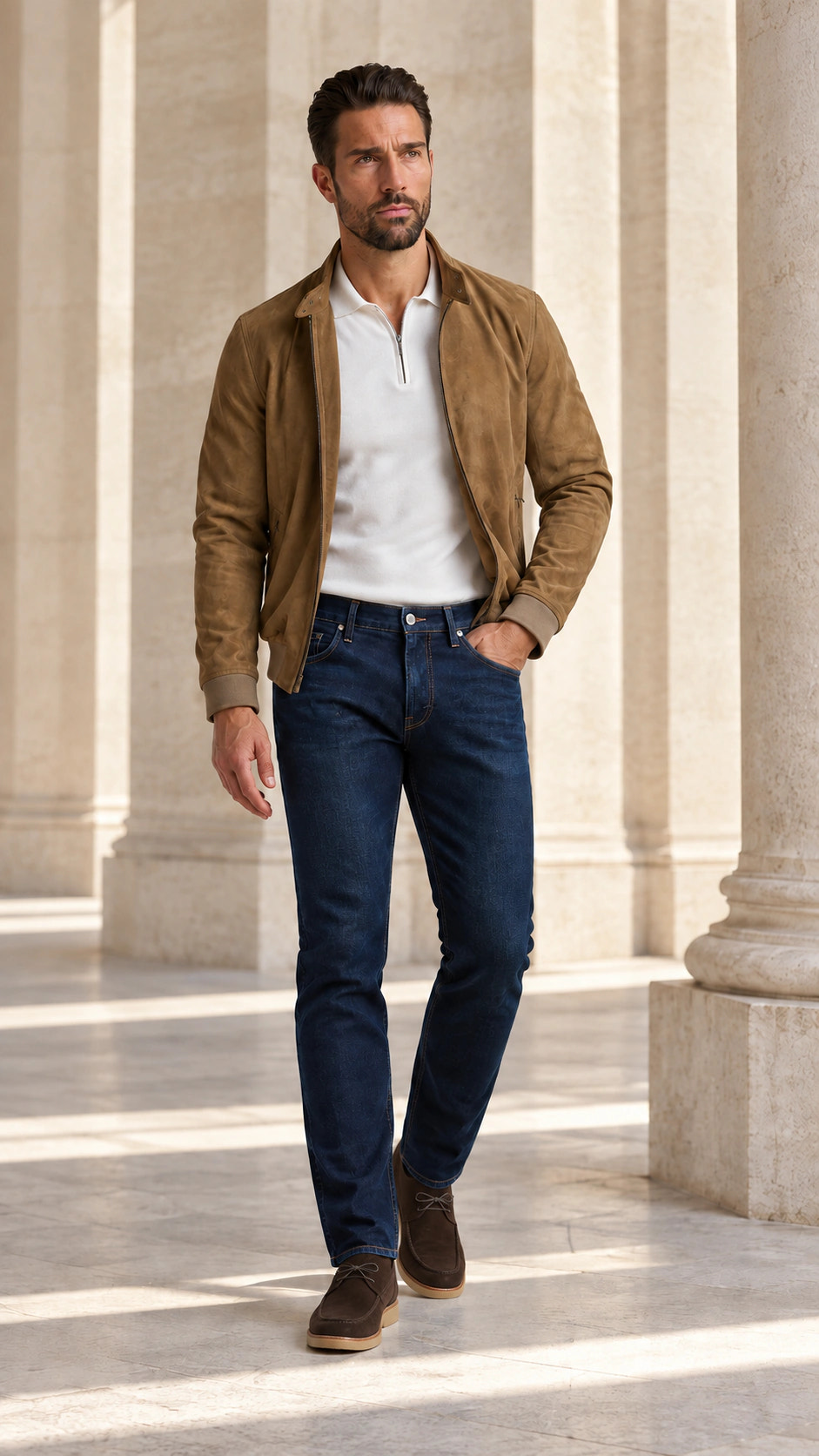 Full look with navy denim and a tobacco jacket and City Loafer.