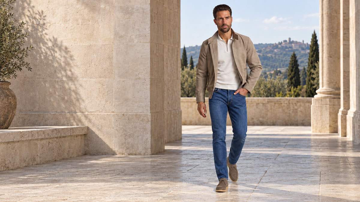 Editorial look with bright blue denim and a taupe jacket, walking.