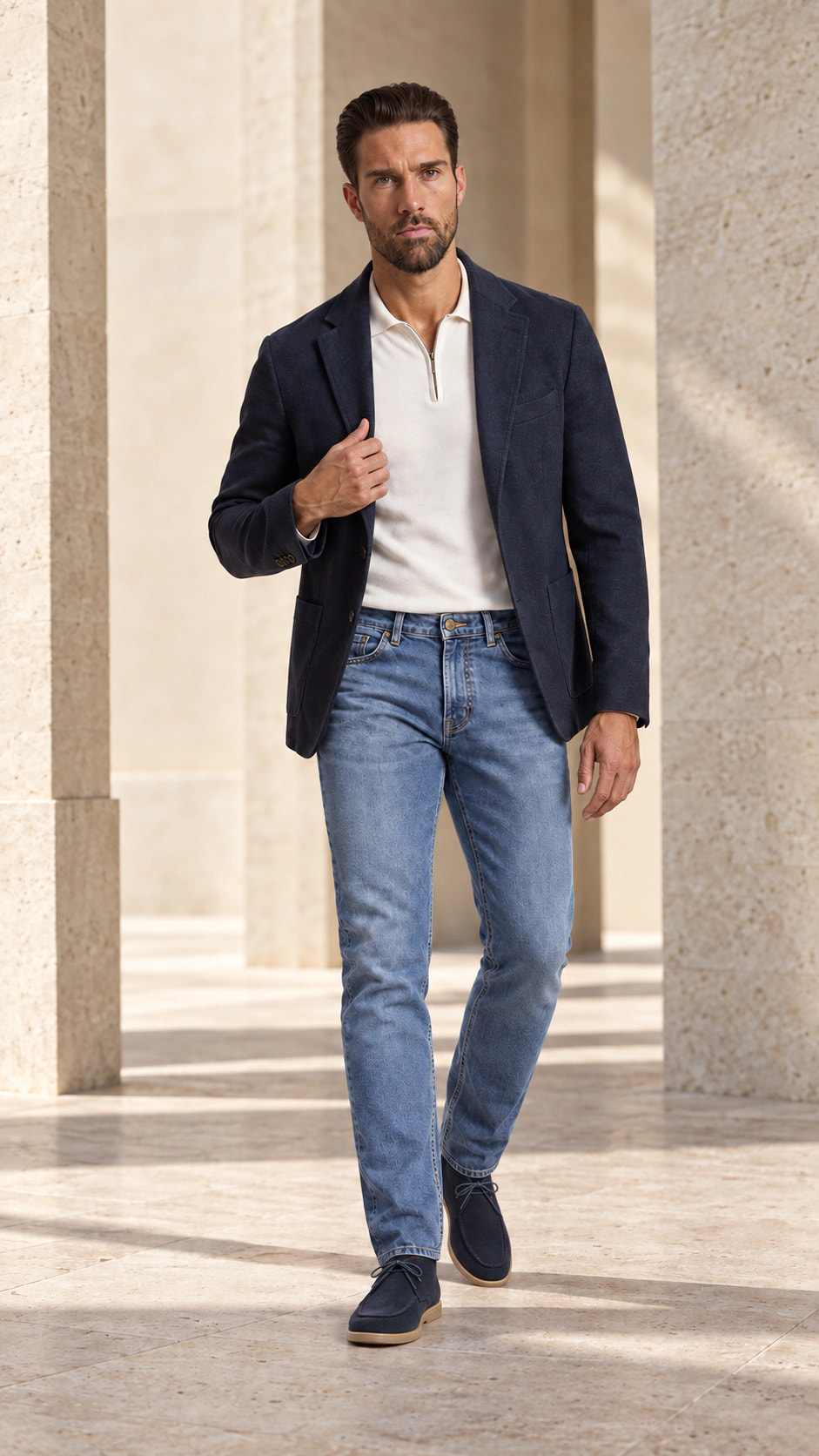 Full look with washed blue denim and a navy blazer and City Loafer.