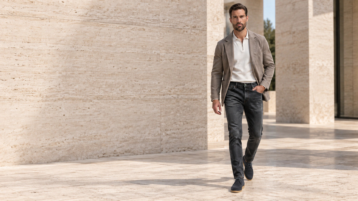 Editorial look with charcoal denim and a grey blazer, walking.