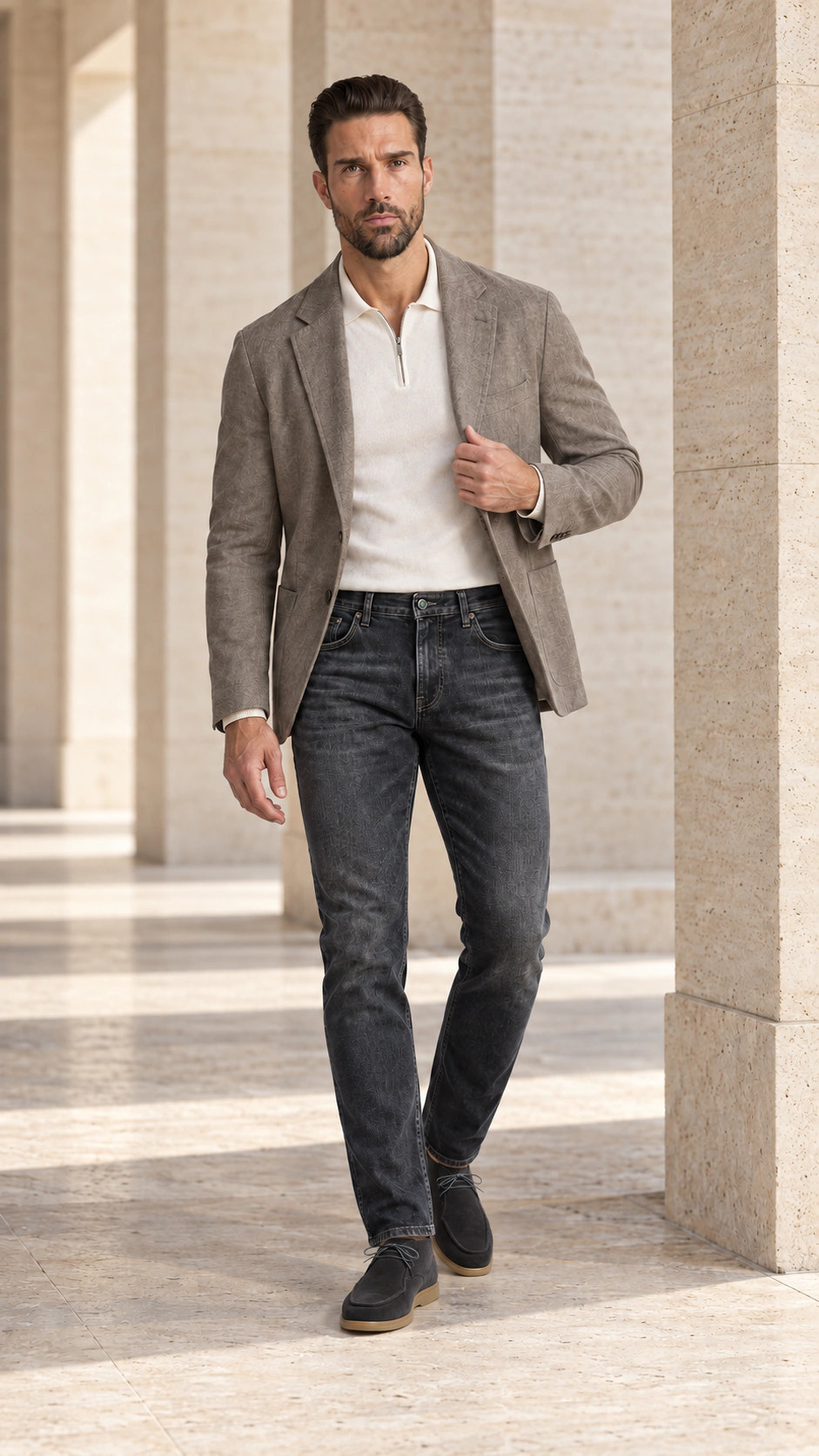 Full look with charcoal denim and a grey blazer and City Loafer.