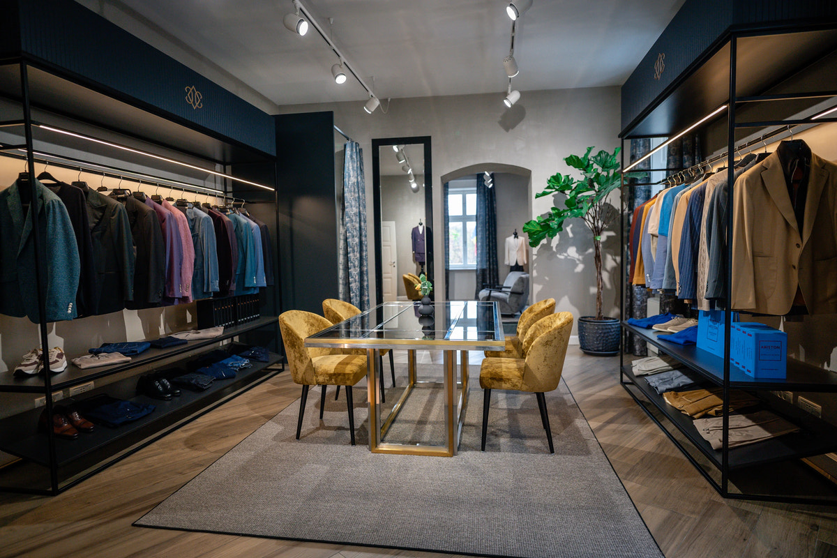 The light-filled consultation room at Maison Consiglieri Timișoara, for made-to-measure tailoring.