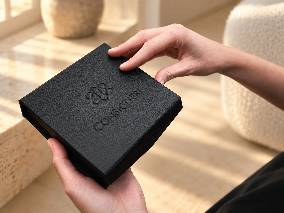Black gift box with the Consiglieri monogram, held in hands