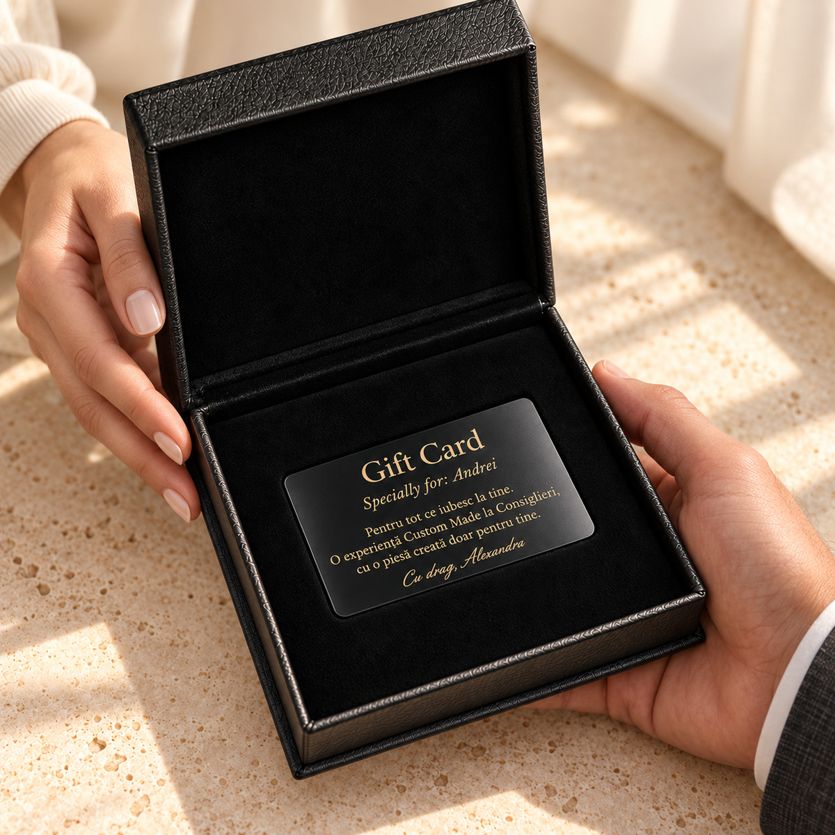 Consiglieri gift card presented in an open black box