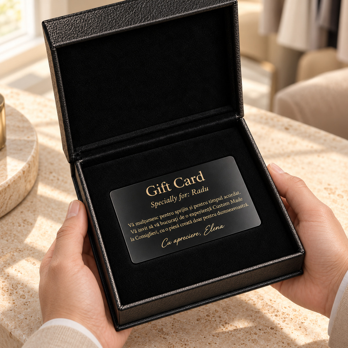 Consiglieri gift card presented in an open black box