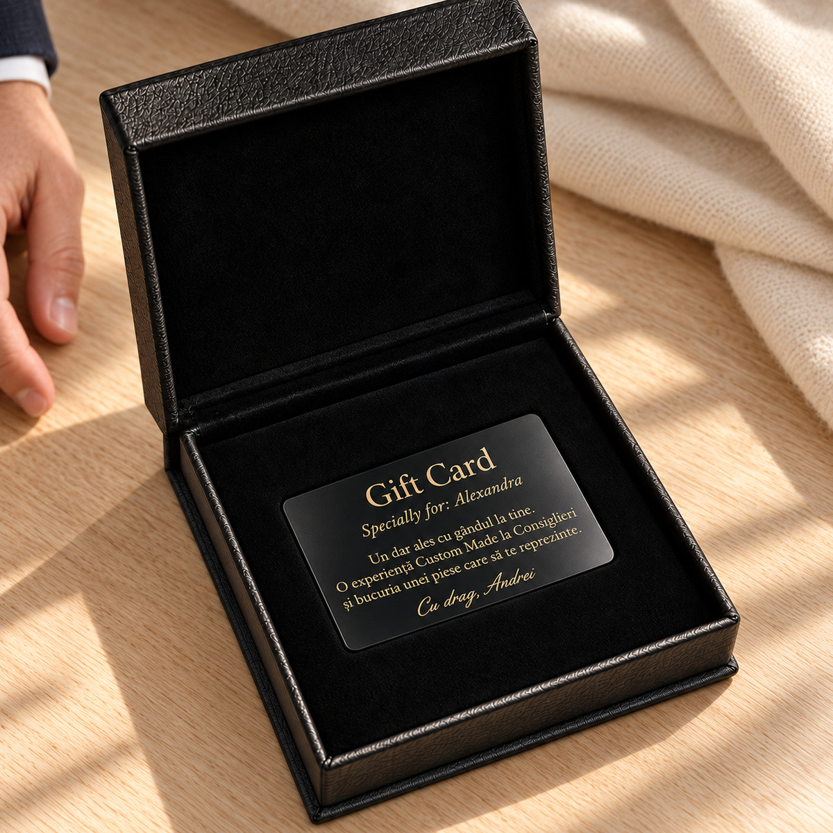 Consiglieri gift card presented in an open black box
