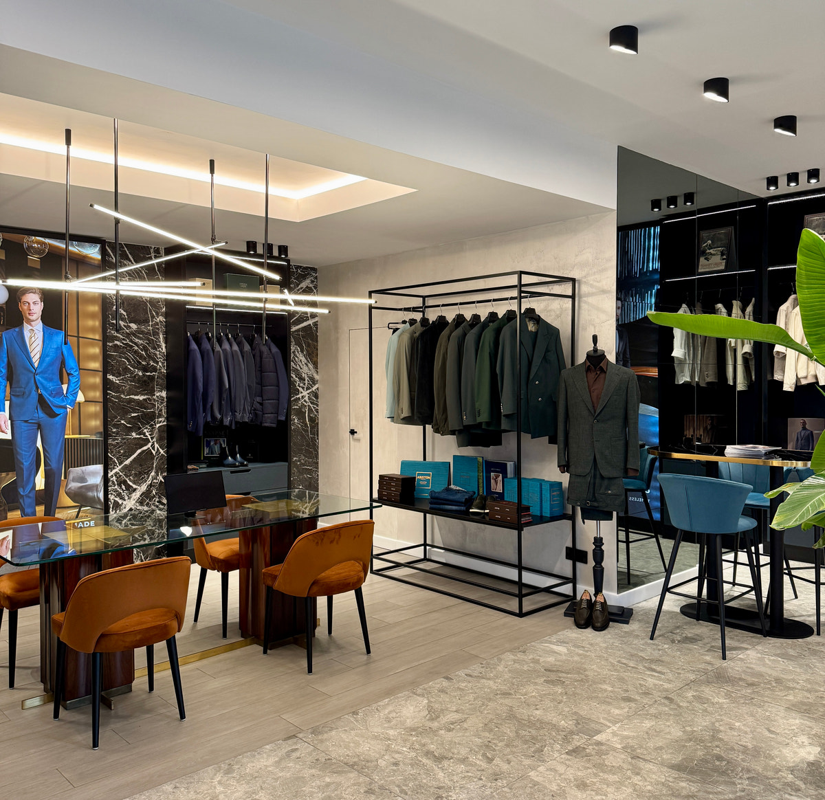 The Maison Consiglieri Cluj-Napoca salon, with geometric lighting, for personal styling consultations.