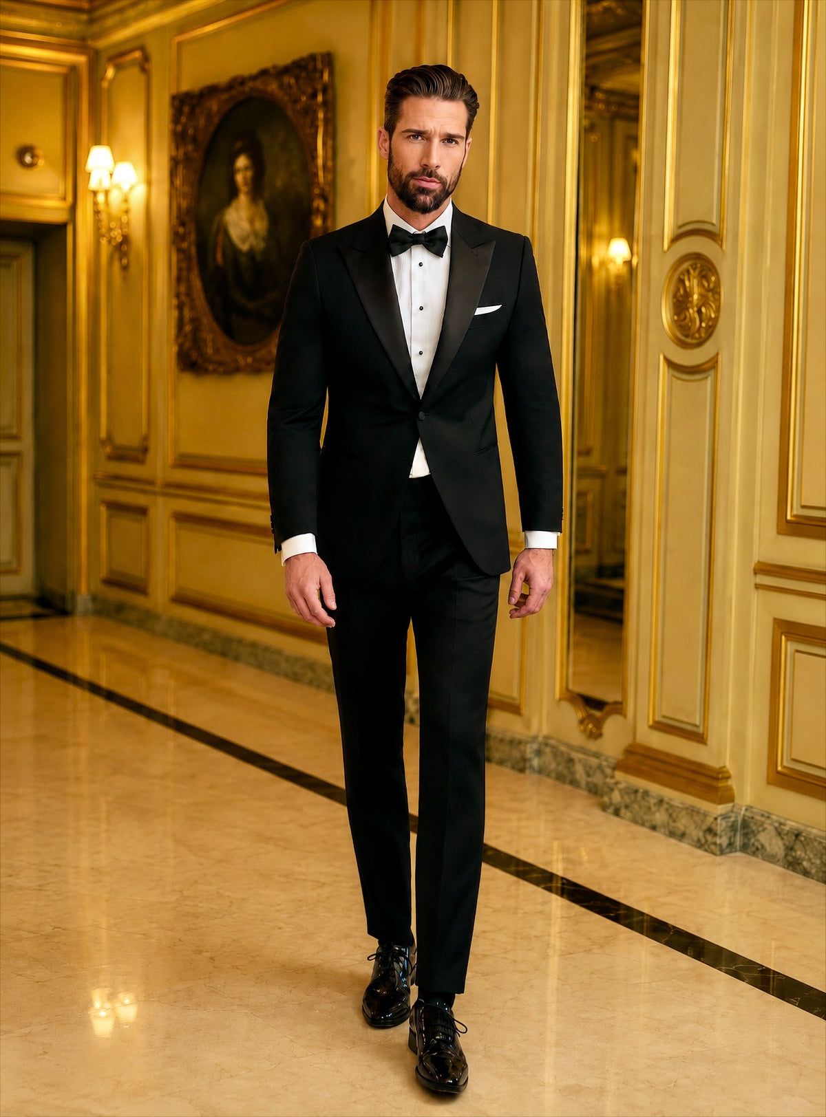 Black Consiglieri tuxedo with lustrous lapels, a white shirt and black bow tie