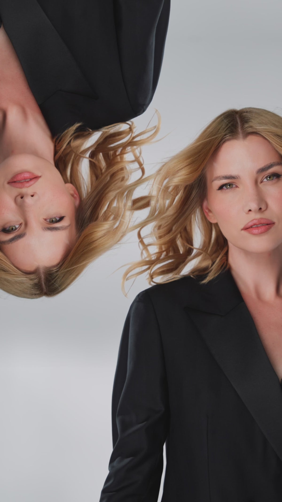 Composite portrait of a woman in a black tuxedo with satin lapels