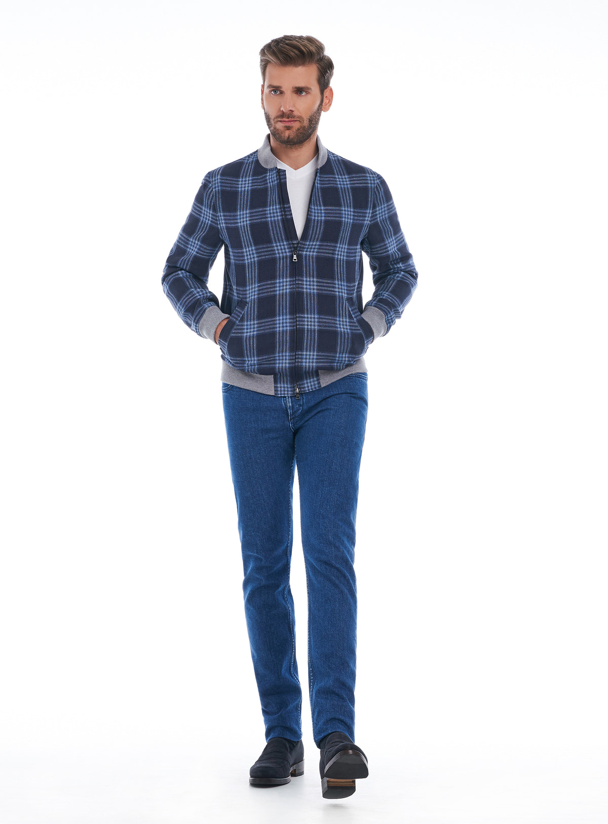 Consiglieri Deauville Privé: navy checked bomber jacket with grey ribbed trims